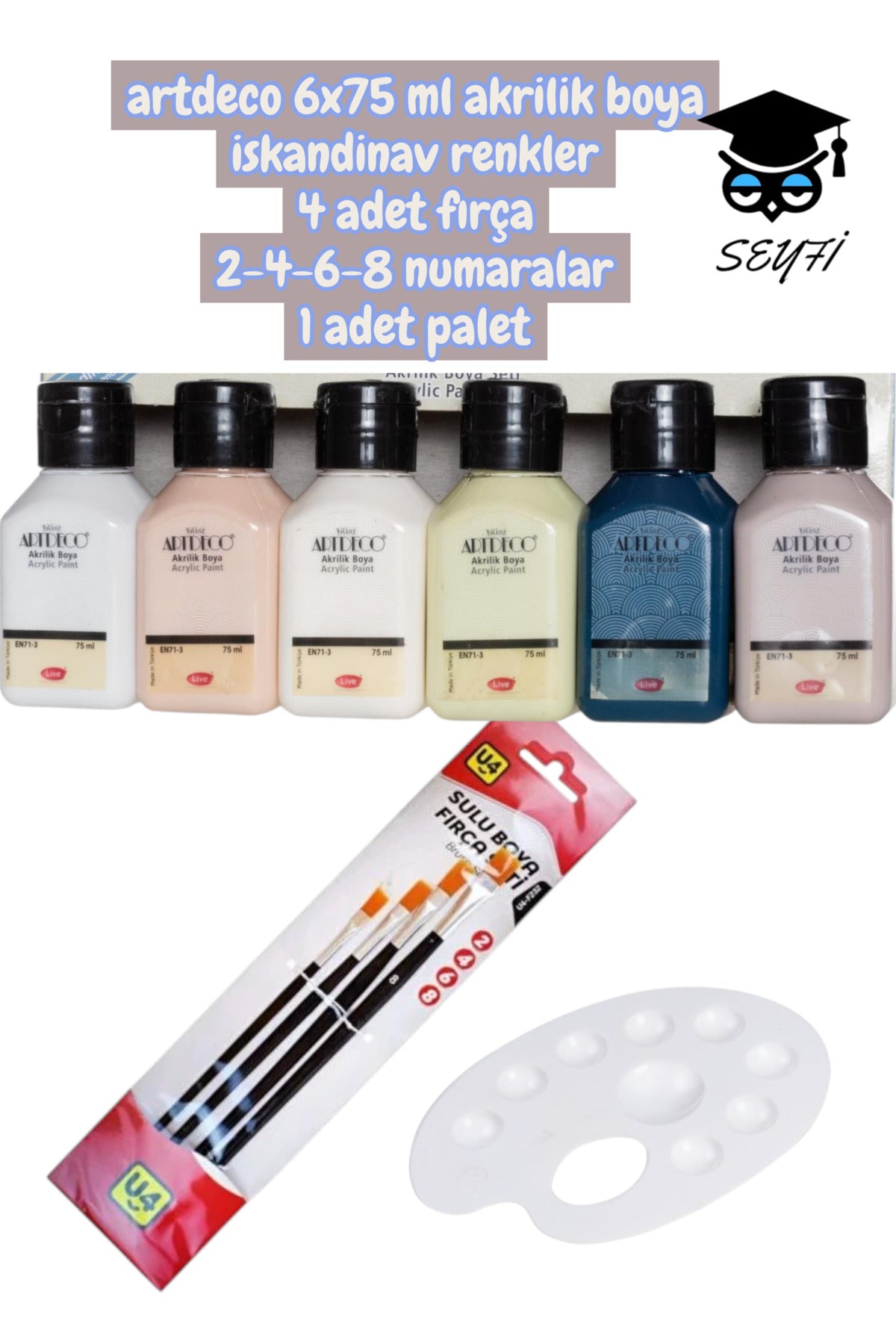 artdeco 6x75 ml akrilik boya iskandinav renkler 4 adet fırça 2-4-6-8 numaralar 1 adet palet