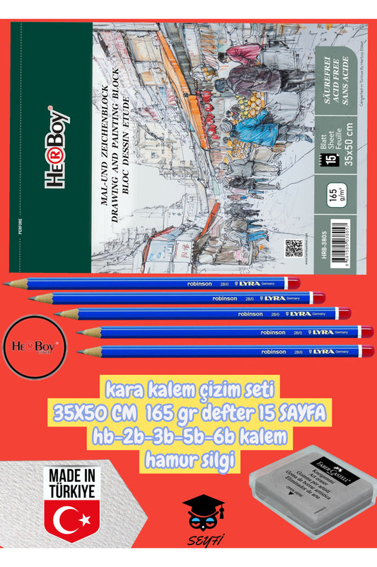 kara kalem çizim seti 35X50 CM 165 gr defter 15 SAYFA hb-2b-3b-5b-6b kalem hamur silgi herboy