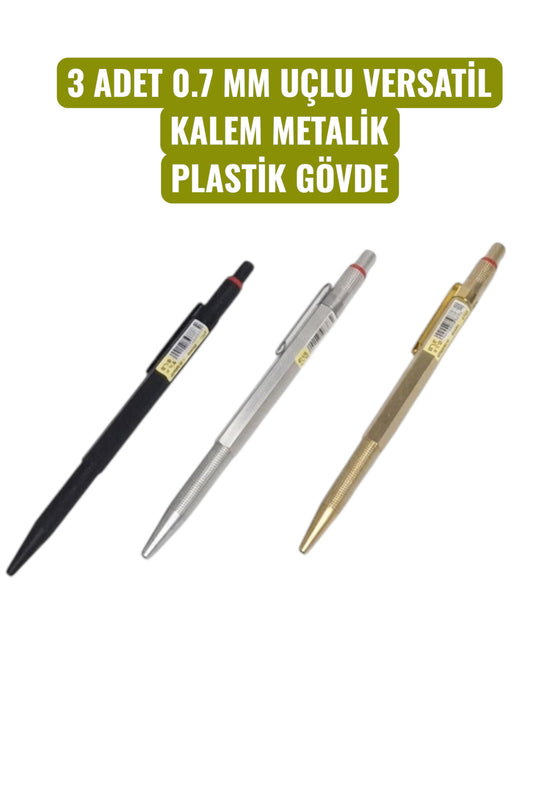 3 ADET 0.7 MM UÇLU VERSATİL KALEM METALİK PLASTİK GÖVDE