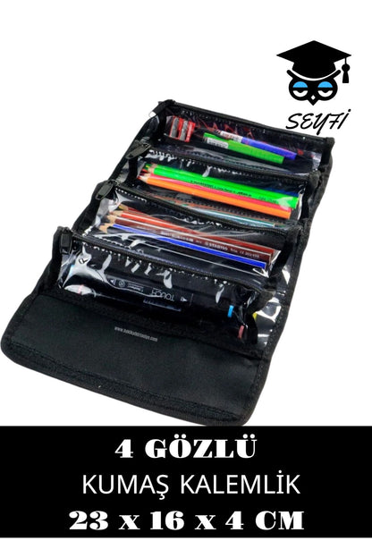 Sanatsal 4 Gözlü Kalem Çantası Dörtgen Siyah 23 x 16 x 4 cm Şeffaf bölmeli kalemler dahil değildir