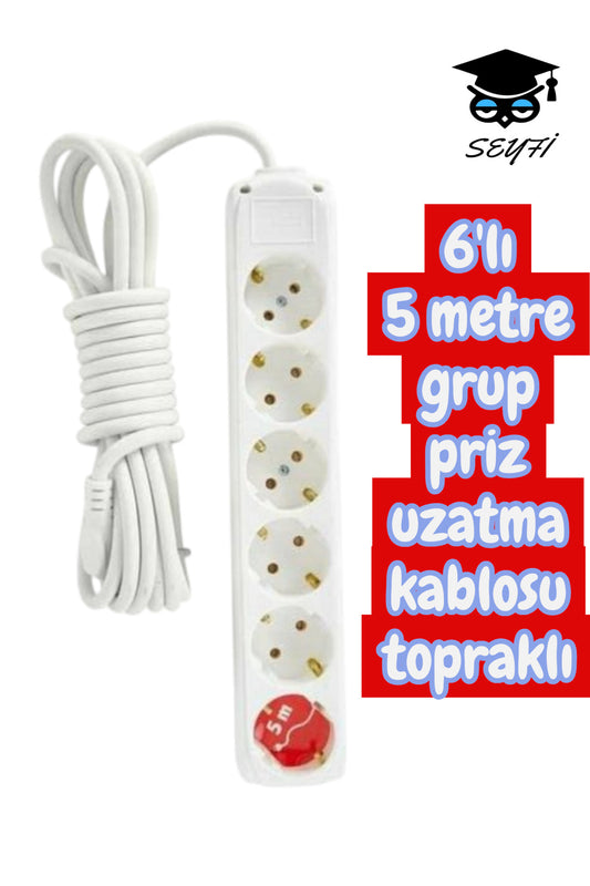 6'lı 5 metre grup priz uzatma kablosu topraklı