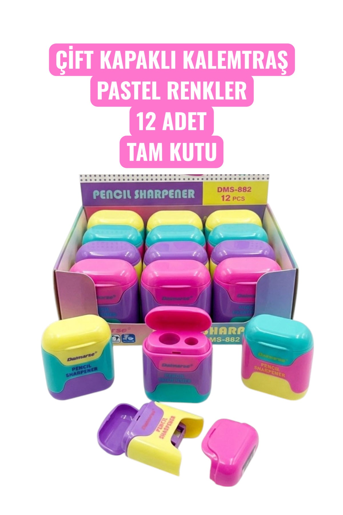 ÇİFT KAPAKLI KALEMTRAŞ PASTEL RENKLER 12 ADET TAM KUTU KALEMTIRAŞ 882