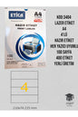 3404 LAZER ETİKET A4 4'LÜ HAZIR ETİKET HER YAZICI UYUMLU 100 SAYFA 400 ETİKET YERLİ ÜRETİM