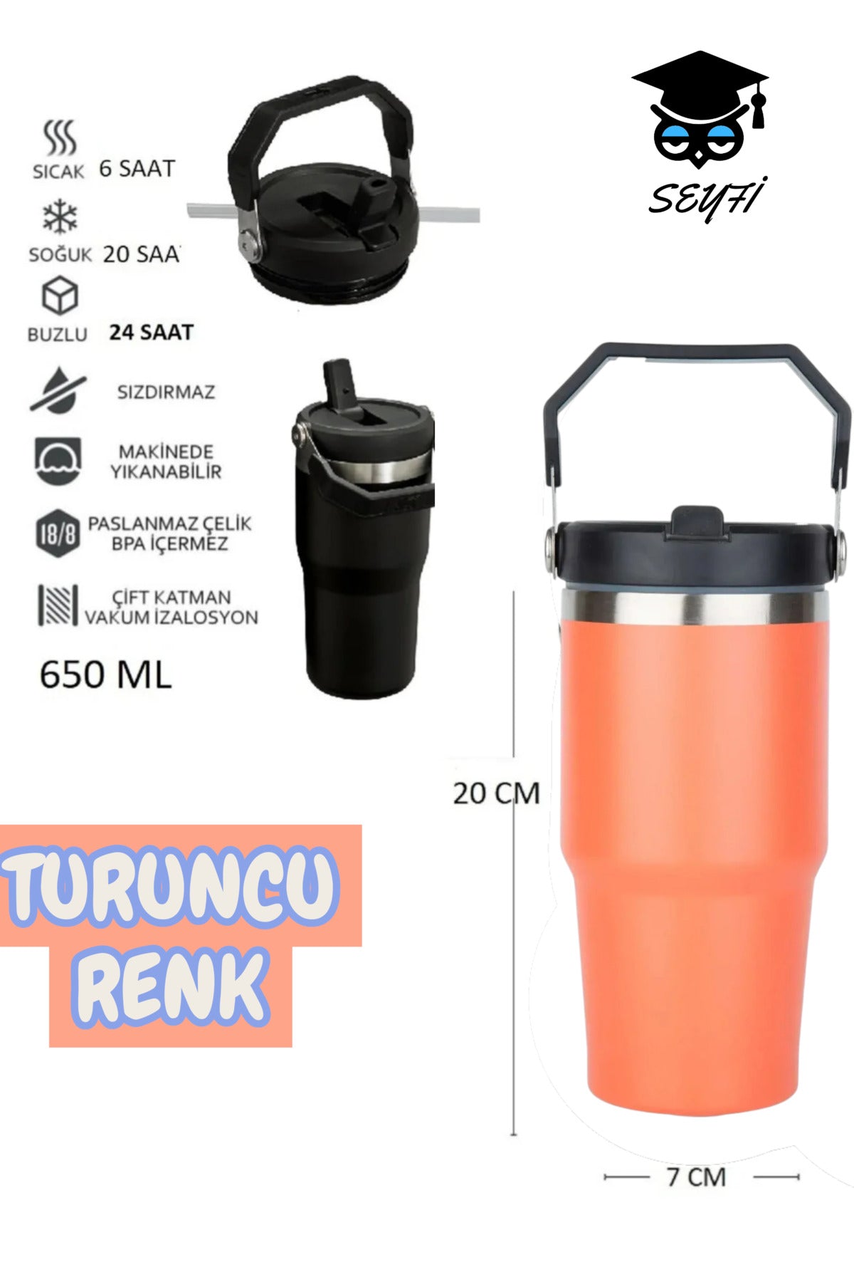 Çelik Termos Pipetli ve Tutmalı Üst Kısmı Geniş 650 ML