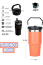 Çelik Termos Pipetli ve Tutmalı Üst Kısmı Geniş 650 ML