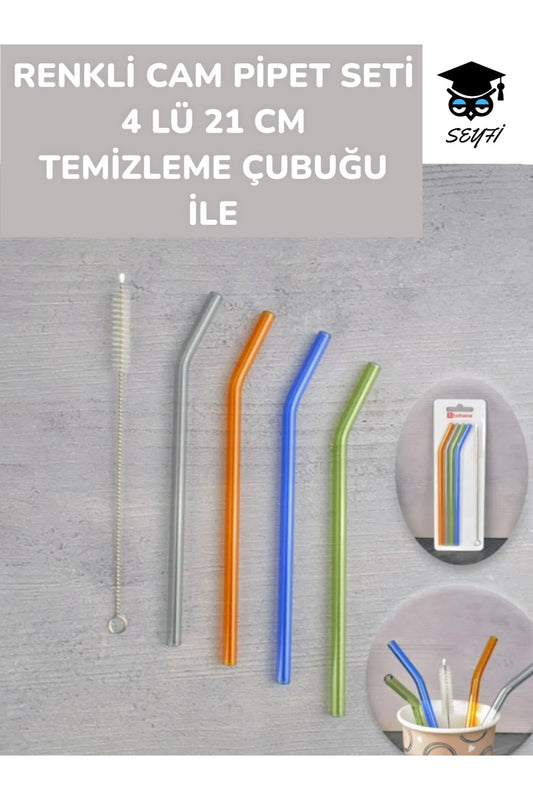 RENKLİ CAM PİPET SETİ 4 LÜ 21 CM TEMİZLEME ÇUBUĞU İLE