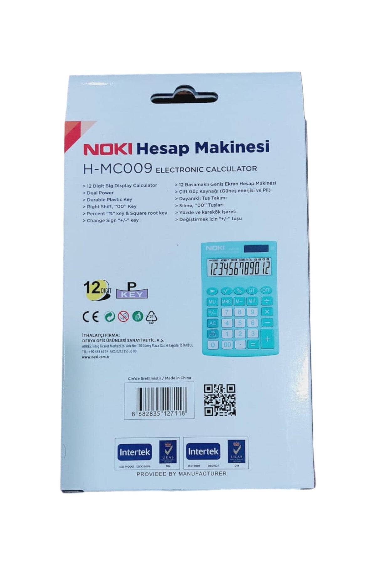MASAÜSTÜ HESAP MAKİNESİ 11x17 CM 12 BASAMAKLI ORTA BOY GÜNEŞ ENERJİLİ 2 YIL GARANTİLİ TURKUAZ