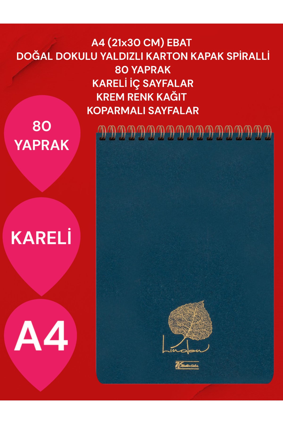 KARELİ A4 (21x30 CM) 80 YAPRAK KARTON KAPAK SPİRALLİ KREM RENK SAYFALAR ÜSTTEN AÇILIR LİNDEN
