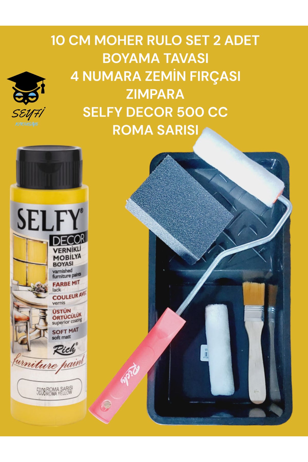 Roma Sarı Selfy Decor 500 Cc (750 GR) Kendinden Vernikli Akrilik Dolap Boyama Seti Zımpara