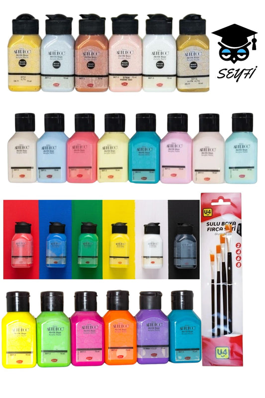 26 renk akrilik boya seti 75 ML 18 renk metalik canlı neon 75 cc 8 renk pastel akrilik boya