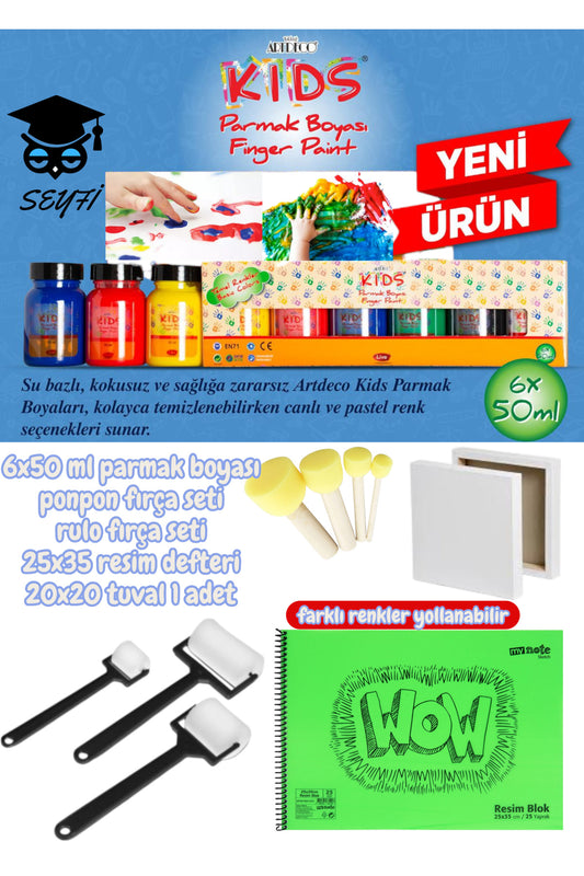 6x50 ml parmak boyası ponpon fırça seti rulo fırça seti 25x35 resim defteri 20x20 tuval 1 adet