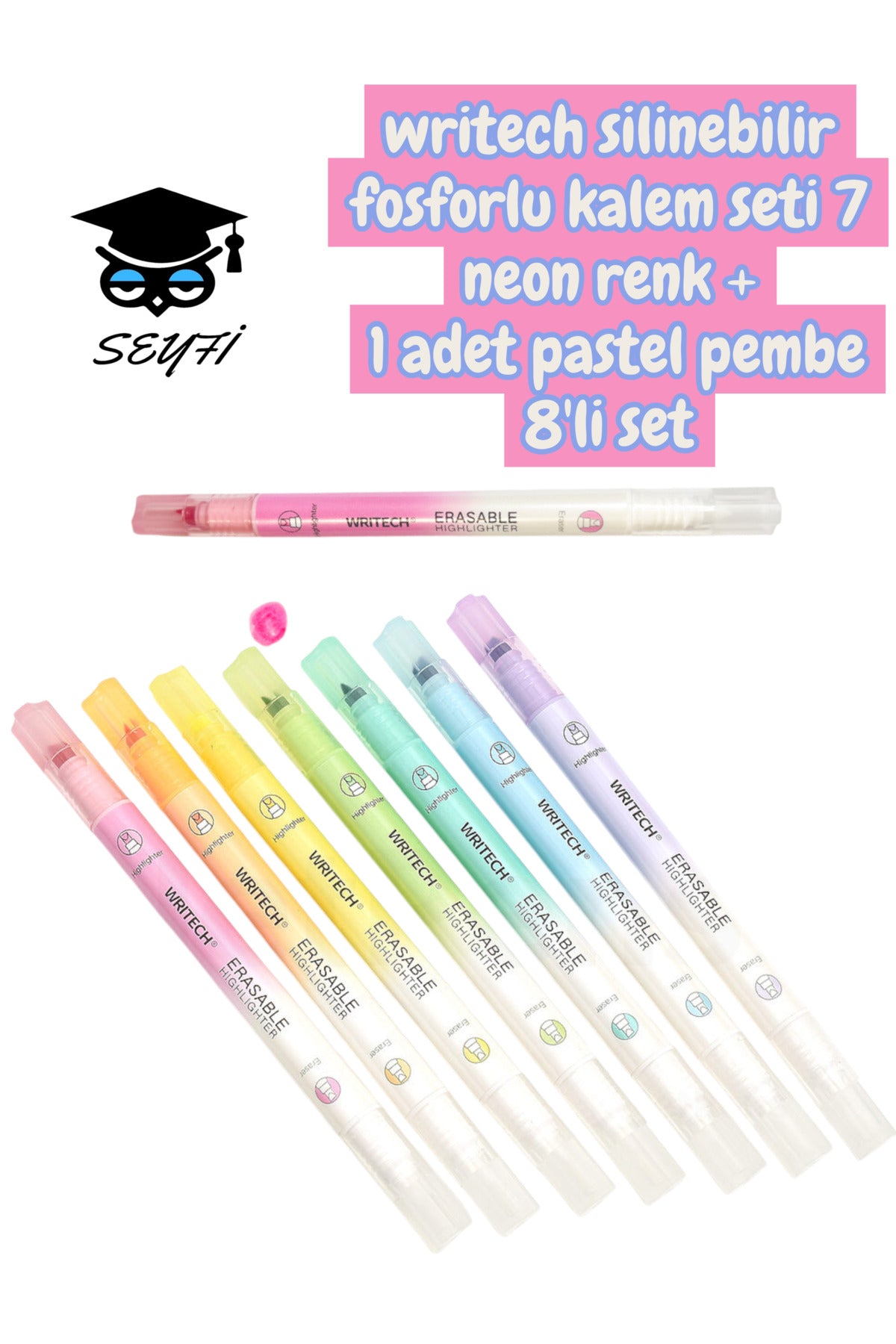 writech silinebilir fosforlu kalem seti 7 neon renk + 1 adet pastel pembe 8'li set