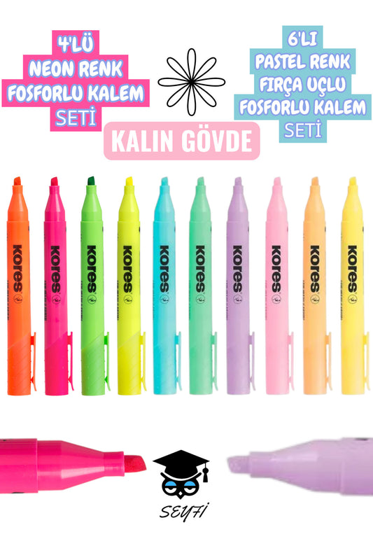 6'LI PASTEL RENK FIRÇA UÇLU FOSFORLU KALEM SETİ 4'LÜ NEON RENK FOSFORLU KALEM SETİ KALIN GÖVDE