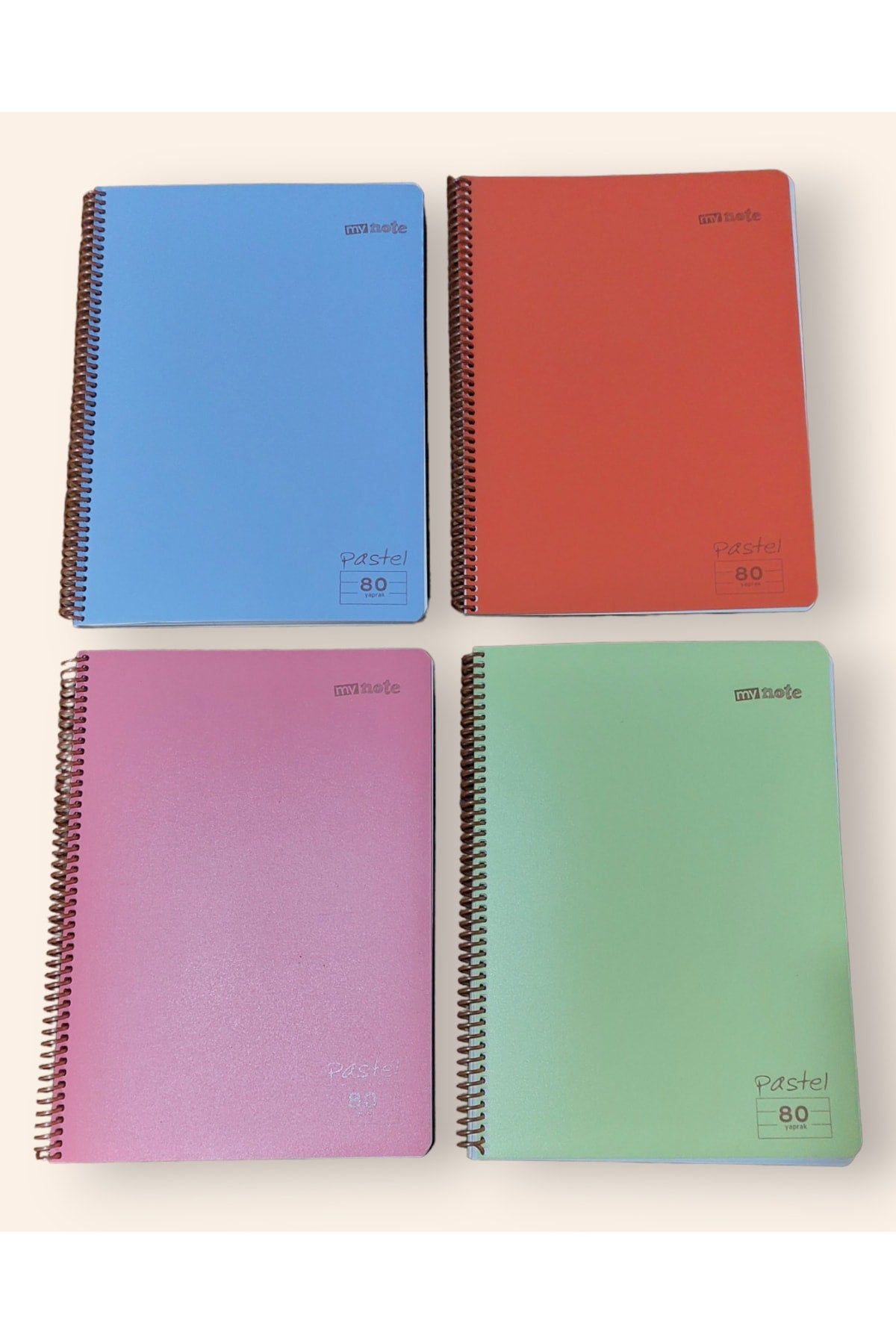 4 Adet A4 Çizgili 80 Yaprak Telli Defter Pastel Renkler Sert Plastik Kapak Göz Yormayan Krem Renk