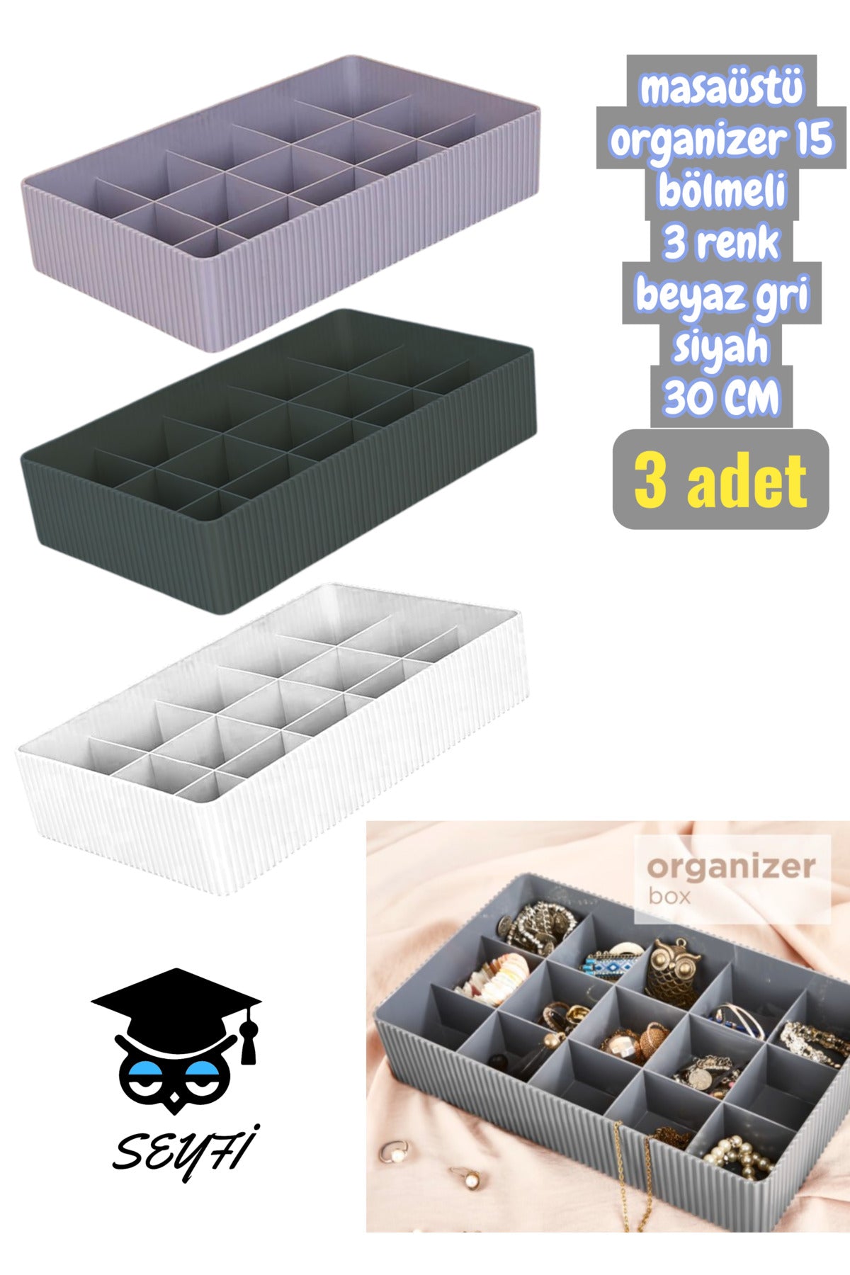 3 ADET masaüstü organizer 15 bölmeli 3 renk beyaz gri siyah 30 CM