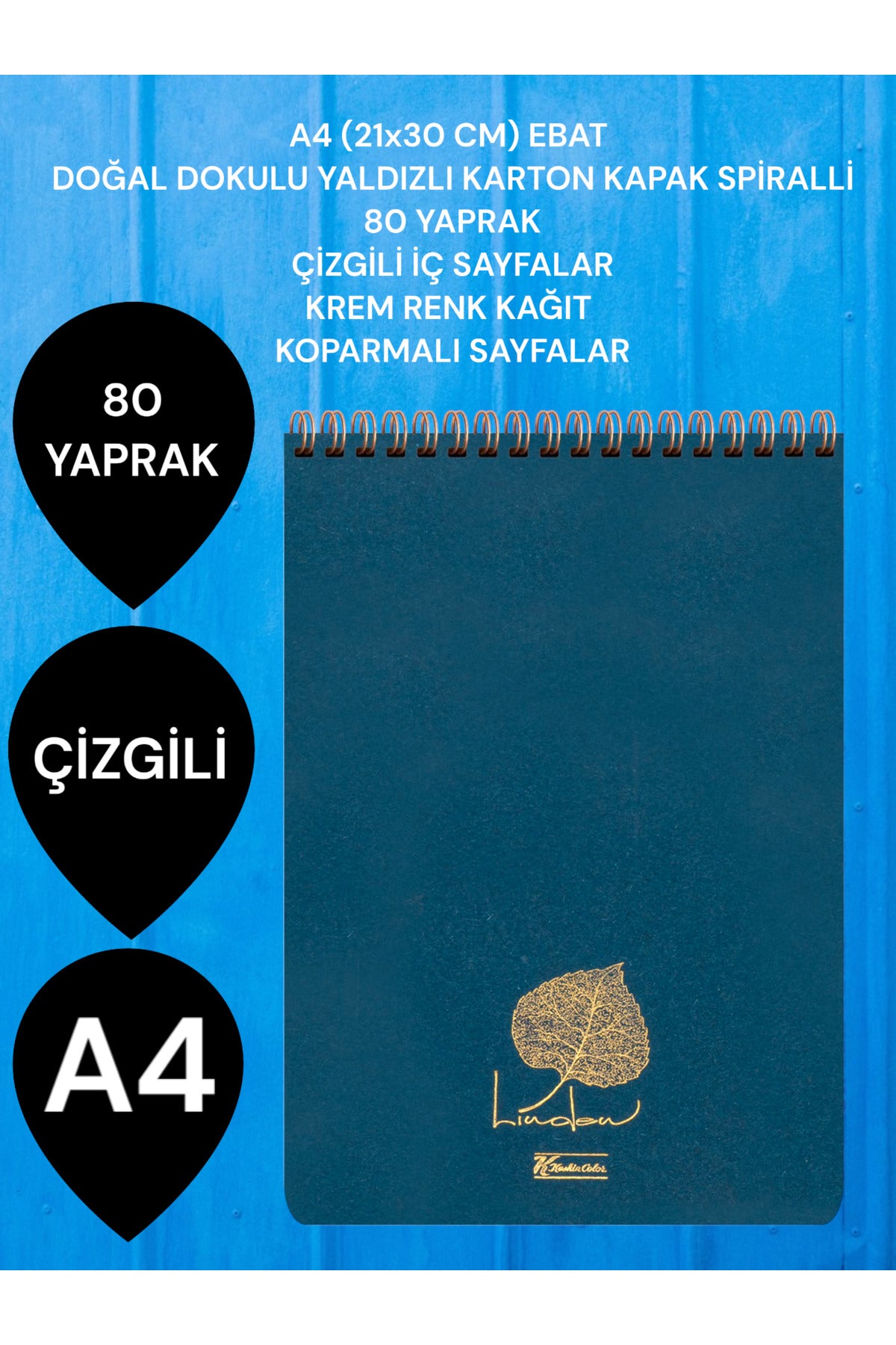 ÇİZGİLİ A4 (21x30 CM) 80 YAPRAK KARTON KAPAK SPİRALLİ KREM RENK SAYFALAR ÜSTTEN AÇILIR LİNDEN