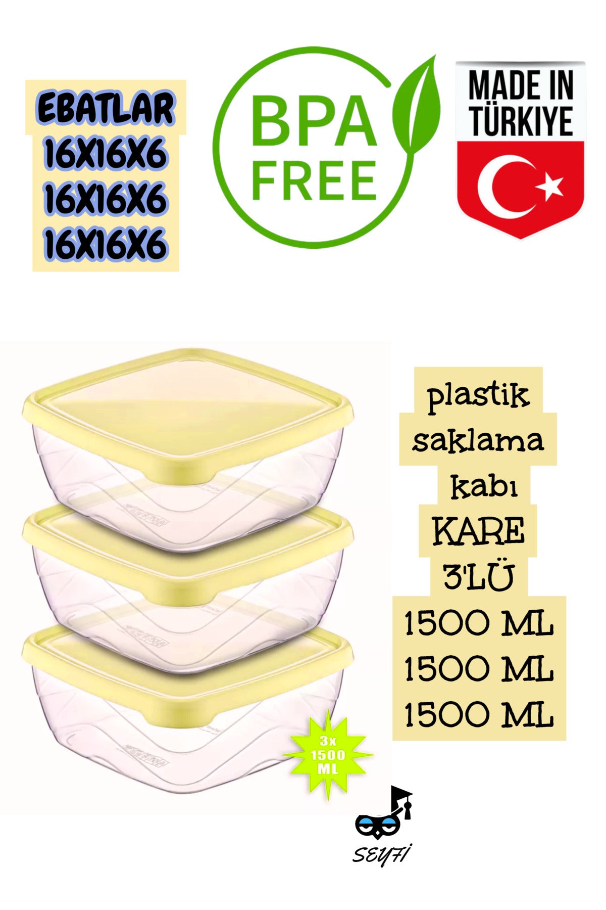 plastik saklama kabı KARE 3'LÜ 1500 ML 1500 ML 1500 ML SARI