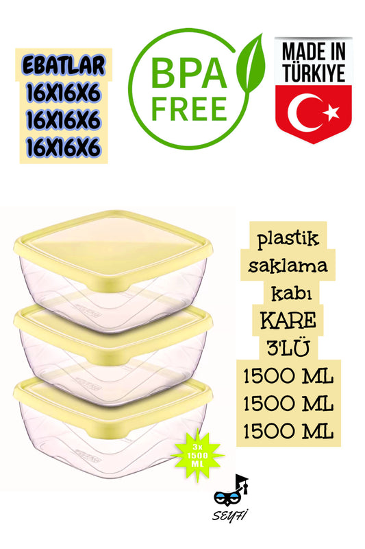 plastik saklama kabı KARE 3'LÜ 1500 ML 1500 ML 1500 ML SARI