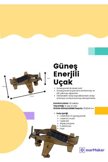 TÜRK MALI Güneş Enerjili Uçak Ahşap Oyuncak STEM-A Eğitim Seti Çocuklar için Boyanabilir Maket