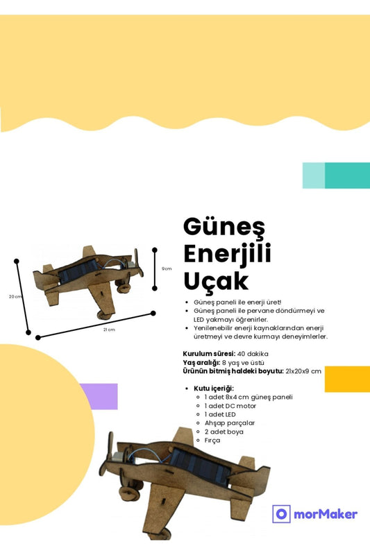 TÜRK MALI Güneş Enerjili Uçak Ahşap Oyuncak STEM-A Eğitim Seti Çocuklar için Boyanabilir Maket