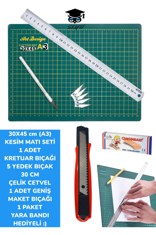 30X45 CM (A3) KESİM MATI SETİ 1 ADET KRETUAR BIÇAĞI 5 YEDEK BIÇAK 30 CM CETVEL 1 ADET MAKET BIÇAĞI