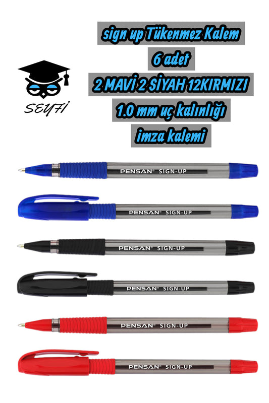 sign up Tükenmez Kalem 6 adet 2 MAVİ 2 SİYAH 12KIRMIZI 1.0 mm uç kalınlığı imza kalemi pensan TM