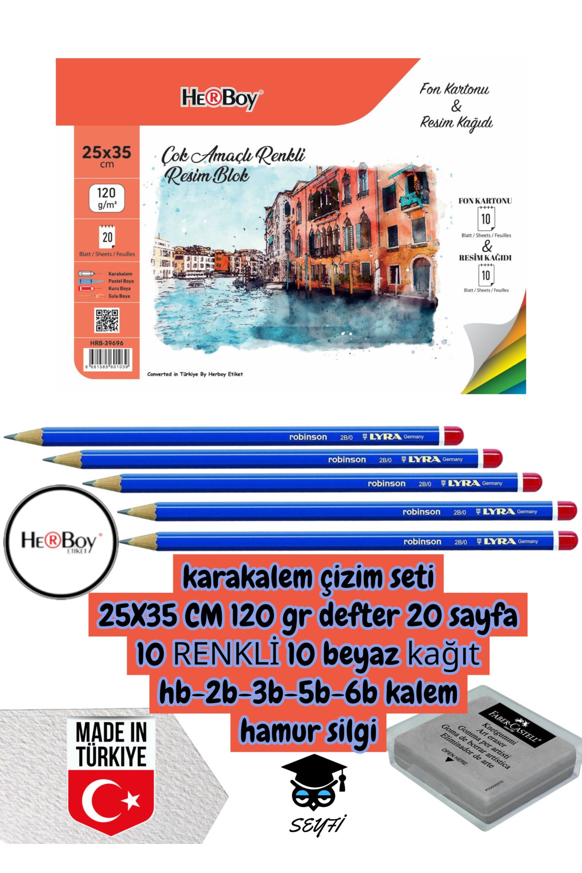 karakalem çizim seti 25X35 CM 120gr defter 20 sayfa 10 RENK 10 beyaz hb-2b-3b-5b-6b kalem herboy