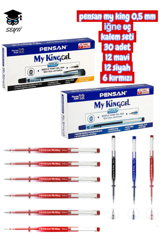 pensan my king 0,5 mm iğne uç kalem seti 30 adet 12 mavi 12 siyah 6 kırmızı