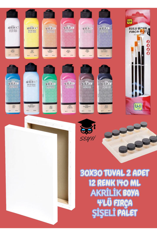 30X30 TUVAL 2 ADET 12 RENK 140 ML AKRİLİK BOYA 4'LÜ FIRÇA ŞİŞELİ PALET