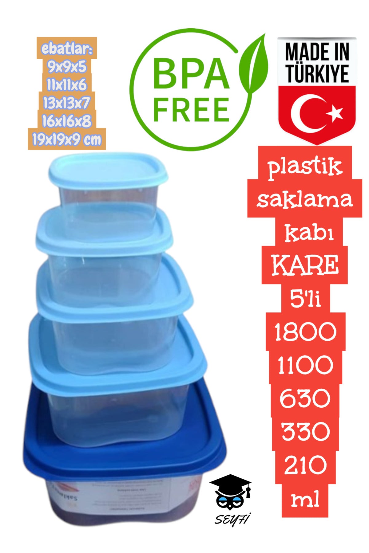 plastik saklama kabı KARE 5'li 1800 1100 630 330 210 ml