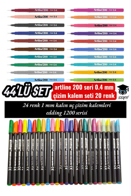 200 seri 0.4mm çizim kalem seti 20 renk ve 24 adet eDding 1 mm kalın uç kalem seti 44 KALEM