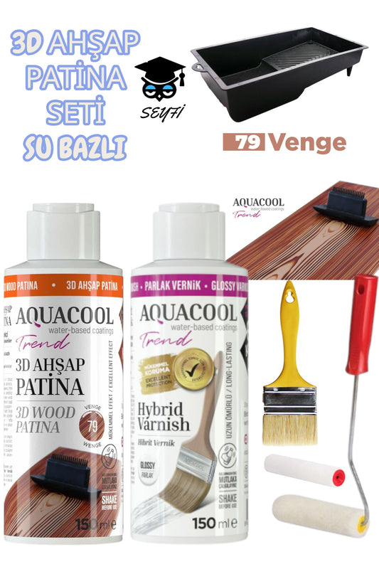 3d ahşap patina seti su bazlı 150 ml- parlak vernik 150 ml - boya tavası fırça rulo doku tarağı seti