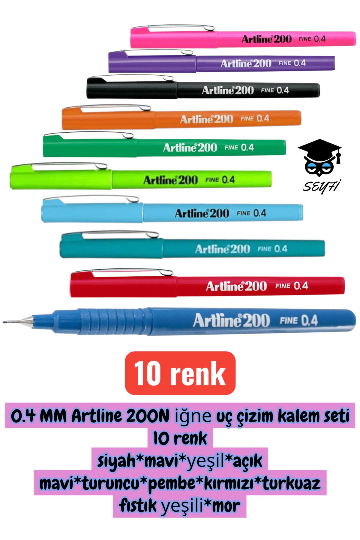 0.4 MM Artline 200N iğne uç çizim kalem seti 10 renk
