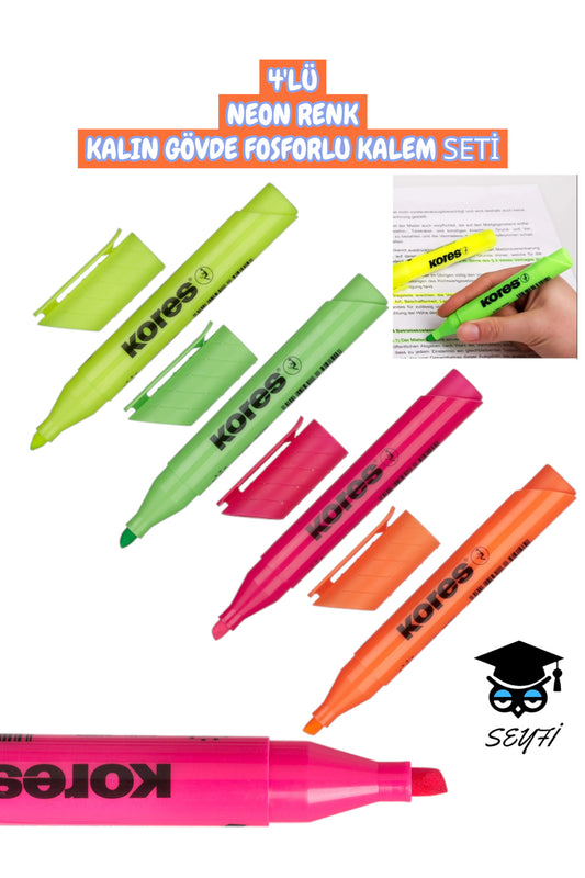 4'LÜ NEON RENK KALIN GÖVDE FOSFORLU KALEM SETİ