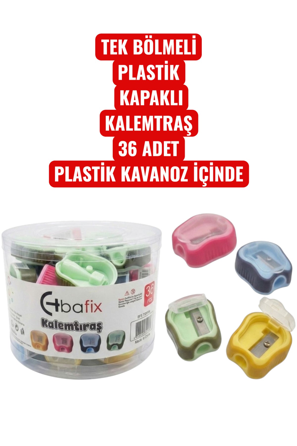 TEK BÖLMELİ PLASTİK KAPAKLI KALEMTRAŞ 36 ADET PLASTİK KAVANOZ İÇİNDE KALEMTIRAŞ