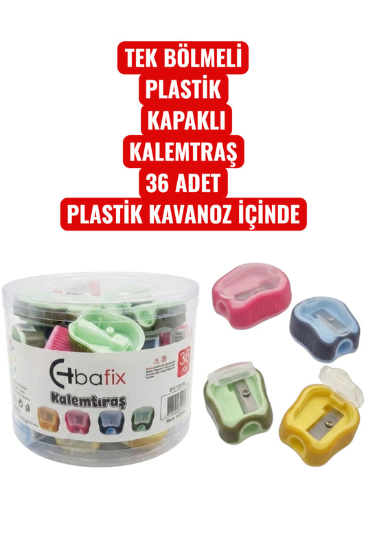 TEK BÖLMELİ PLASTİK KAPAKLI KALEMTRAŞ 36 ADET PLASTİK KAVANOZ İÇİNDE KALEMTIRAŞ