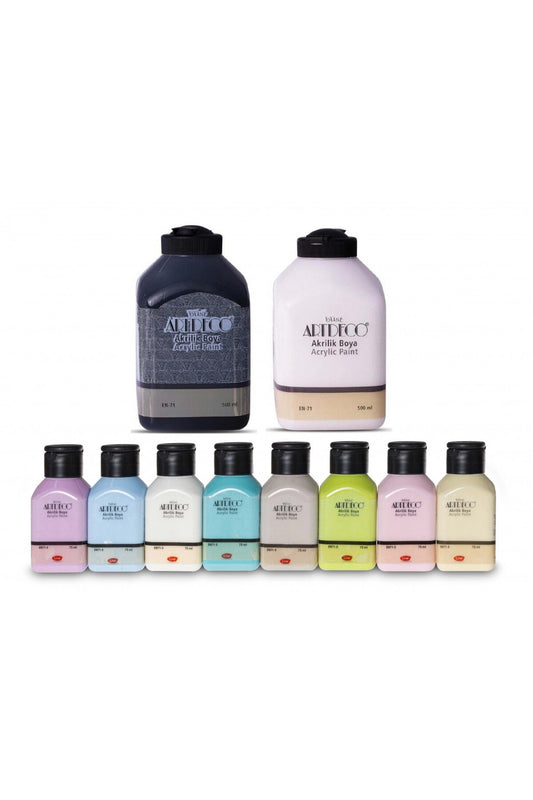 Akrilik Boya 8x75ml Pastel Smoky + BEYAZ + SİYAH 500ml 10 Renk Set