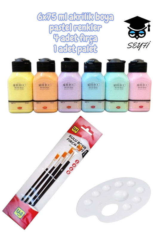 artdeco 6x75 ml akrilik boya pastel renkler 4 adet fırça 2-4-6-8 numaralar 1 adet palet