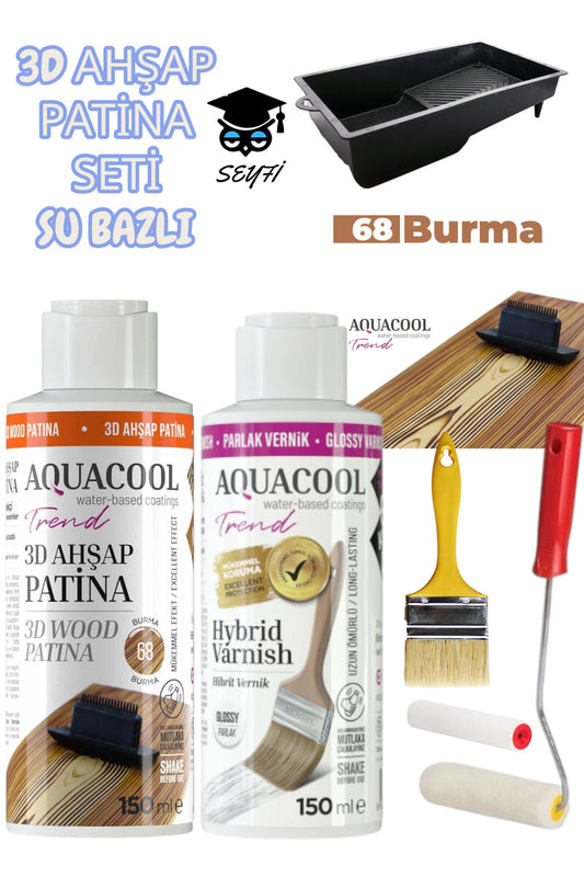 3d ahşap patina seti su bazlı 150 ml- parlak vernik 150 ml - boya tavası fırça rulo doku tarağı seti