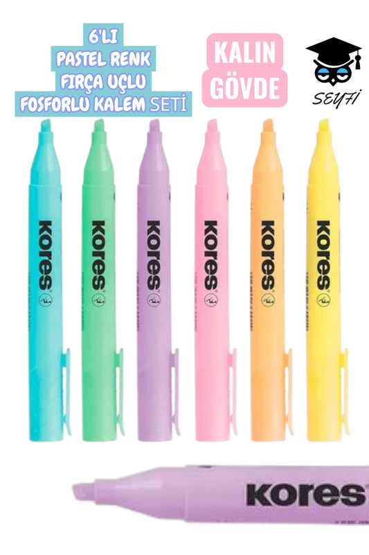 6'LI PASTEL RENK FIRÇA UÇLU FOSFORLU KALEM SETİ