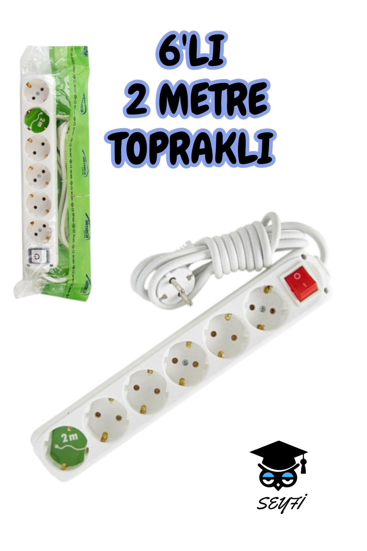 Grup Priz Topraklı 6'lı 2 metre Anahtarlı Uzatma Kablosu