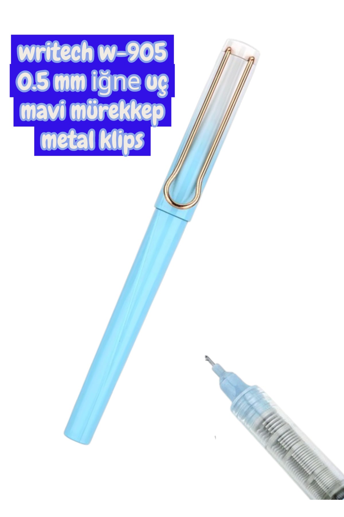 writech W-905 ROLLER kalem 0,5 MM KALEM MAVİ mürekkep metal klips BEYAZ -MAVİ