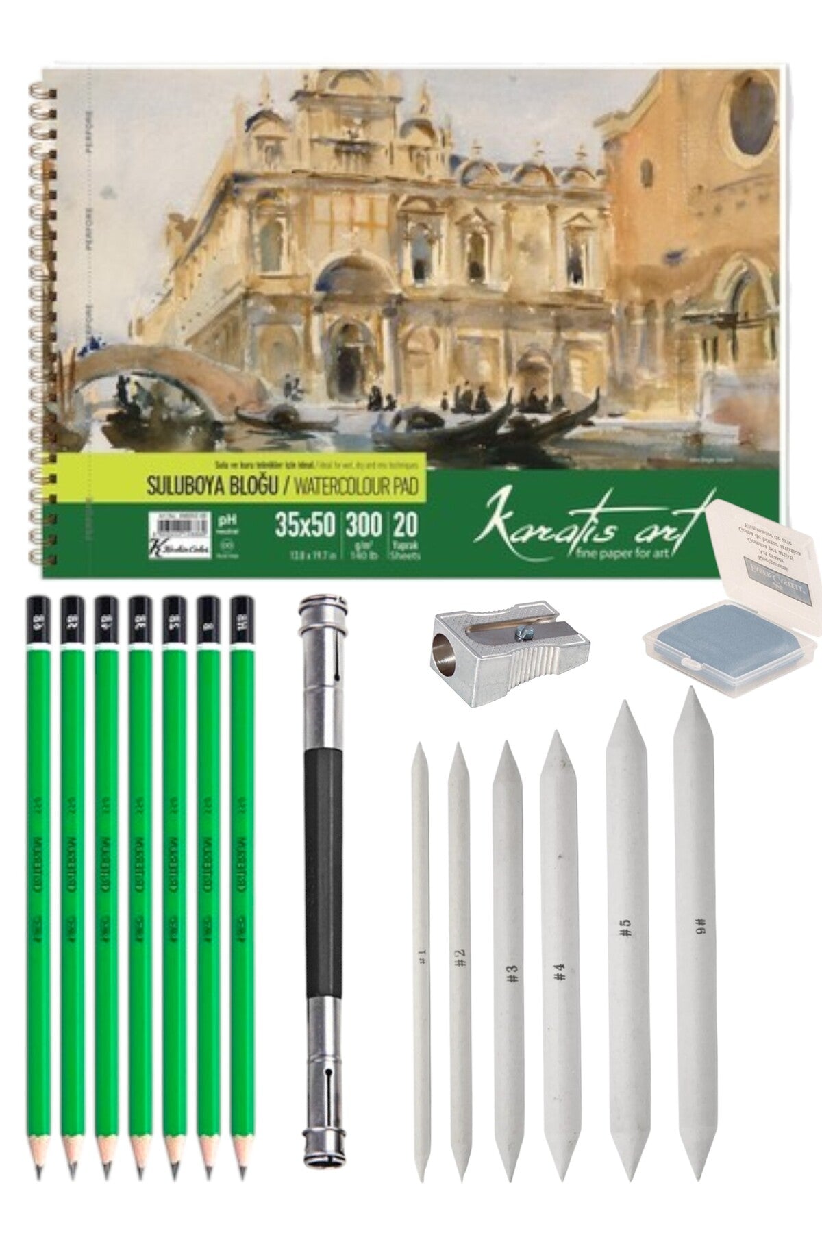 35X50 CM 30 GR ESKİZ DEFTERİ SETİ 7 ADET DERECELİ KALEM HB-B-2B-3B-4B-5B-6B PASTEL DAĞITICI ...