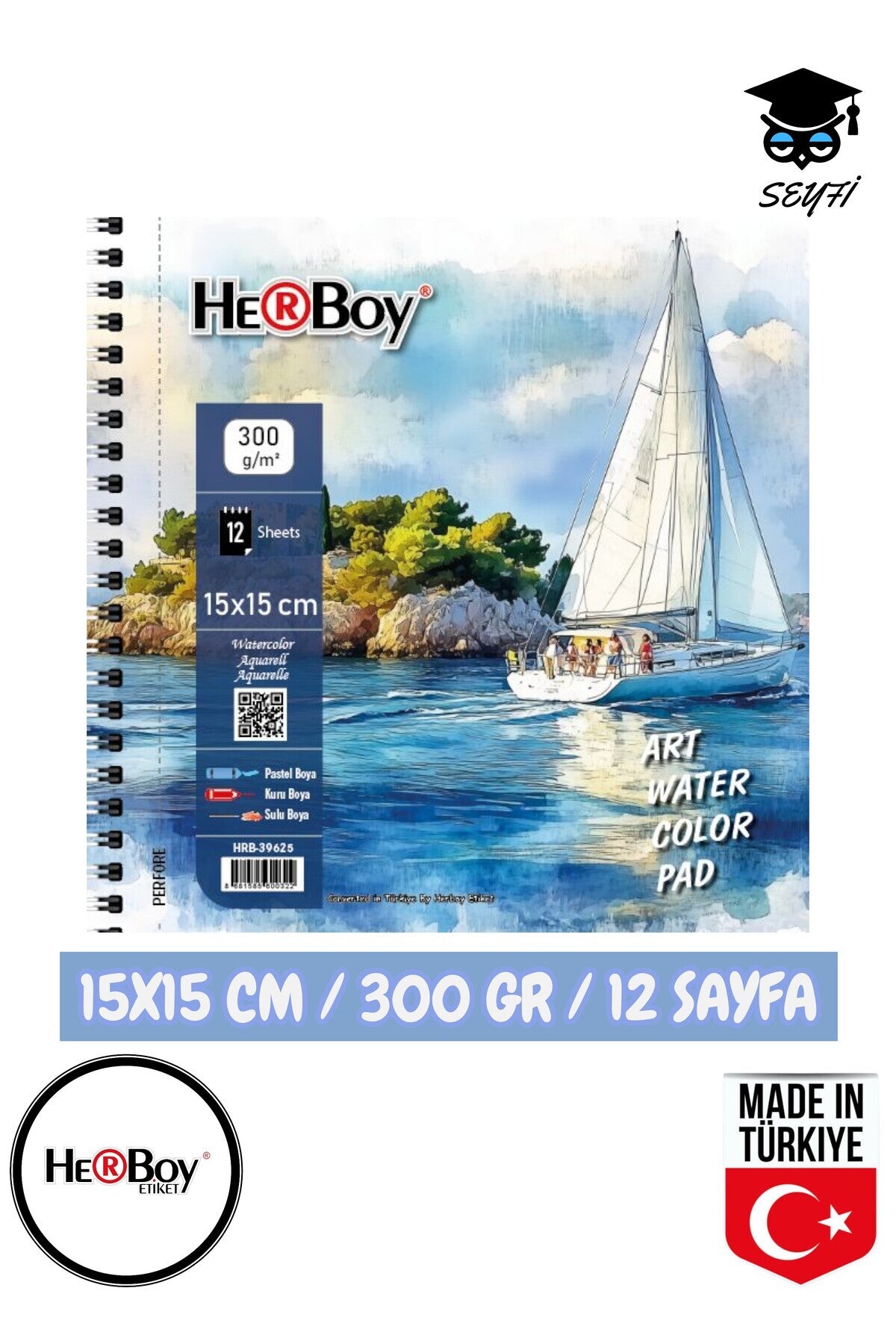 15X15 sulu boya eskiz kara kalem çizim defteri 300 gr TELLİ 12 sayfa HERBOY