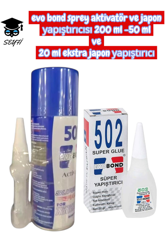evo bond sprey aktivatör ve japon yapıştırıcısı 200 ml -50 ml ve 20 ml ekstra japon yapıştırıcı