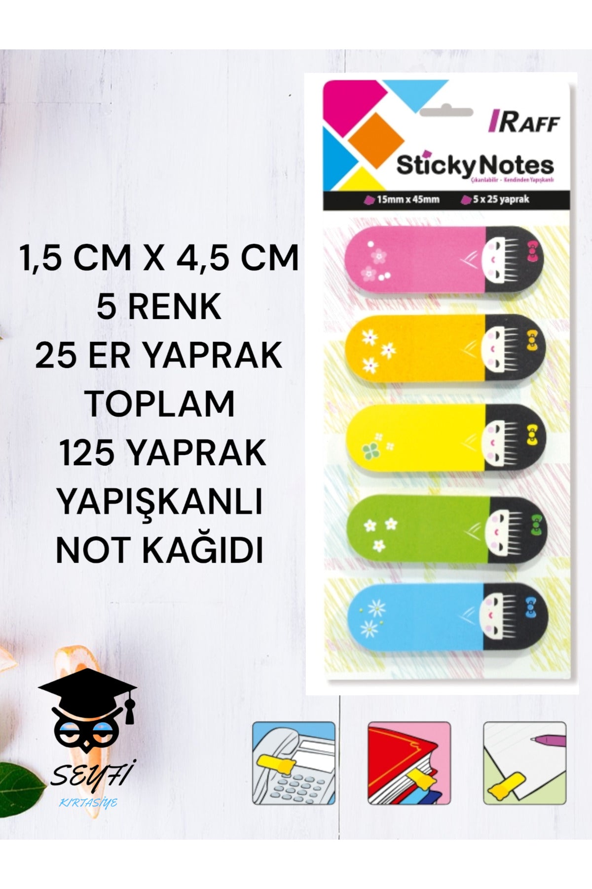 1,5 CM X 4,5 CM 5 RENK 25 ER YAPRAK TOPLAM 125 YAPRAK YAPIŞKANLI NOT KAĞIDI
