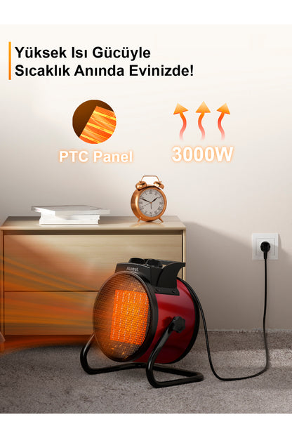 AT1H Elektrikli Isıtıcı Fan Yeşil | 3000W Hızlı Isınma, 3 Kademeli Ayar, Sessiz PTC Isıtma Tek