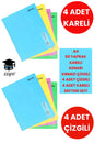 8 Adet A4 60 Yaprak Kareli Defter 4 Adet Çizgili 4 Adet Kareli Plastik Kapak Defter Telsiz