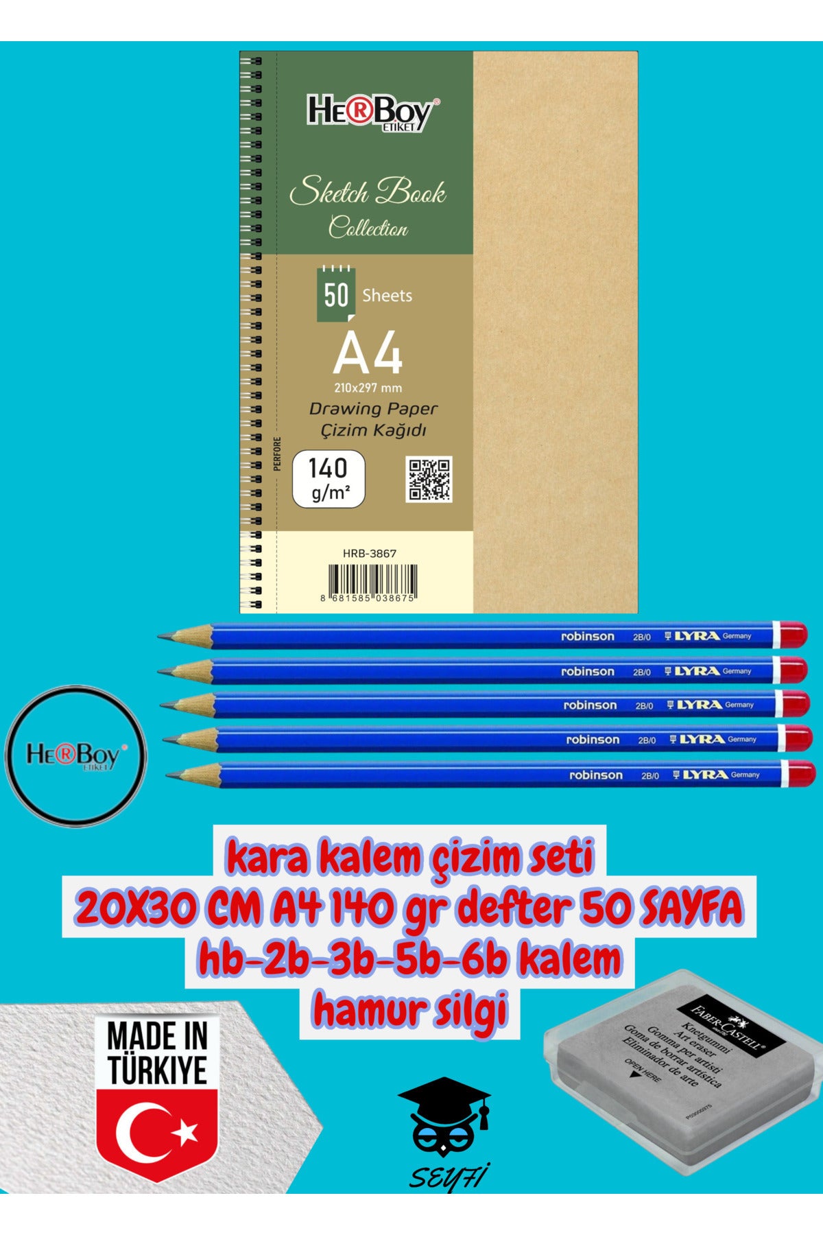 kara kalem çizim seti 20X30 CM A4 140 gr defter 50 SAYFA hb-2b-3b-5b-6b kalem hamur silgi