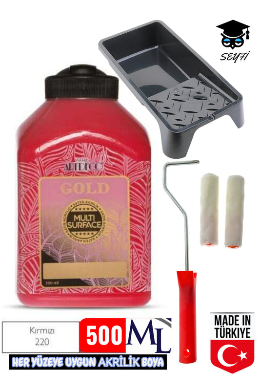 500 ml Multi Surface Akrilik boya seti her yüzeye uygun boya tavası ve rulo seti artdeco